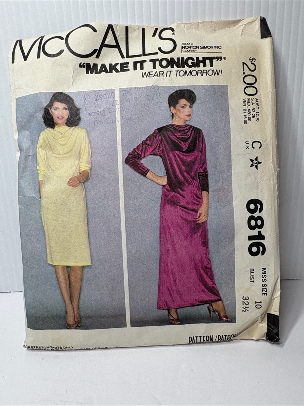 McCall's Draped Cowl Neck Maxi Dress Patterns 6816 size 10